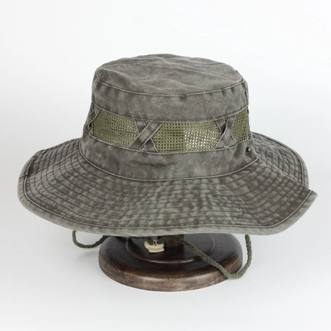 Men Outdoor Bucket Hat Washed Cotton Canvas Wide Brim Sun Protection Breathable Mesh Retro Boonie Hat With Adjustable Drawstring