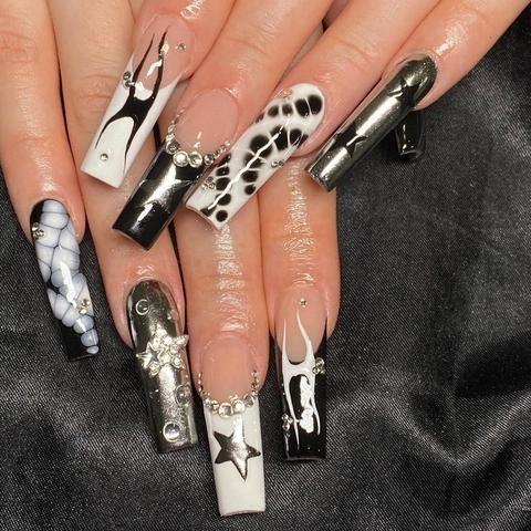 Long Coffin Press On Nails Black White Silver French Star Flame Rhinestone Y2K Punk Art False Nails For Women
