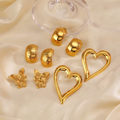 Roestvrijstalen Knopoorbellen Verguld C-Vorm Hol Hart Vlinder Getextureerde Trendy Sieraden Voor Dames