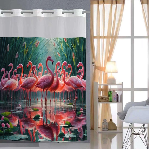 Waterdicht Douchegordijn Polyester Wafelweefsel Met Haakloze Ringen Gaasvenster Dubbellaags Afneembare Voering Voor Badkamer Decoratie