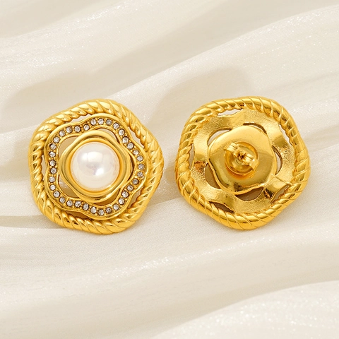 Vintage Runde Künstliche Perlen Ohrstecker 18K Vergoldet Edelstahl Zirkon Eingelegt Eleganter Französischer Retro Schmuck Damen