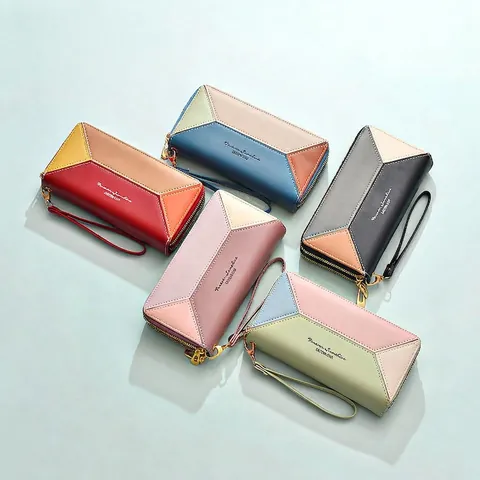 Portafoglio Lungo Donna Pelle PU Doppia Cerniera Patchwork Geometrico Pochette Mano Borsa Cellulare Con Cinturino Da Polso