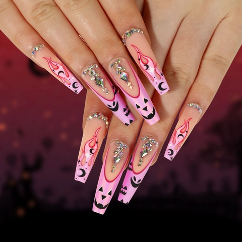 Halloween Press On Nails Rosa Coffin Künstliche Nägel Mit Straßstein Kürbis Geist Mond Flamme Design Für Frauen
