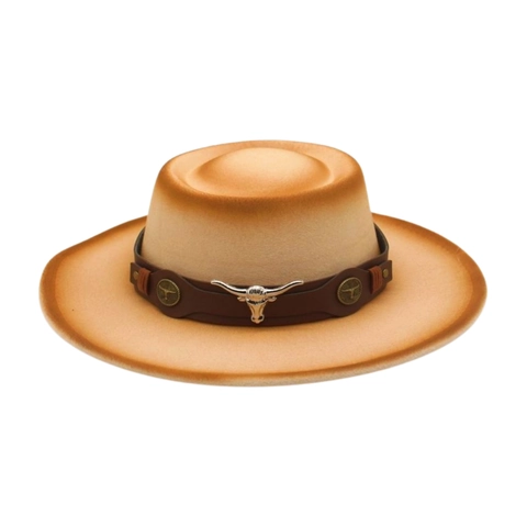 Vintage Western Cowboy Hat Felt Flat Top Wide Brim With Leather Band Metal Bull Head Decoration For Men Women