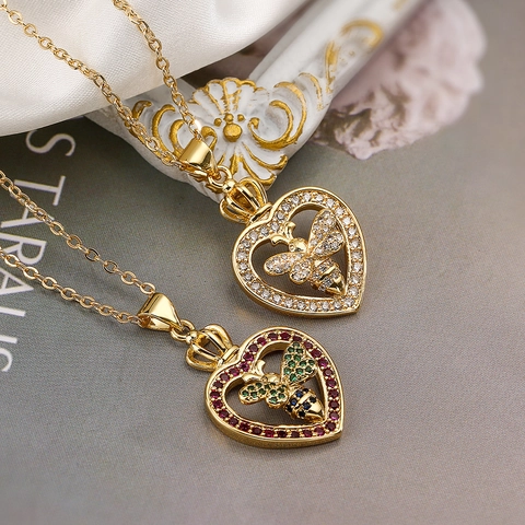 Elegante Collana Con Ciondolo A Cuore E Ape In Rame Placcato Oro Con Corona In Zircone Accessorio Moda Per Donna
