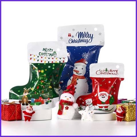 Christmas Stocking Shaped Stand Up Gift Bags Plastic Self Sealing Reusable Holiday Party Candy Jewelry Packaging