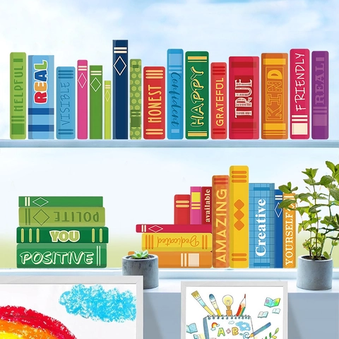 Colorful Book Spines Wall Stickers PVC Positive Words Educational Back To School Classroom Decor Kids Study Room Decoration