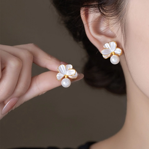 Boucles D Oreilles Puces Fleur Künstliche Perle Avec Tige En Argent Emaille Floral Bijoux Elegants Pour Femmes