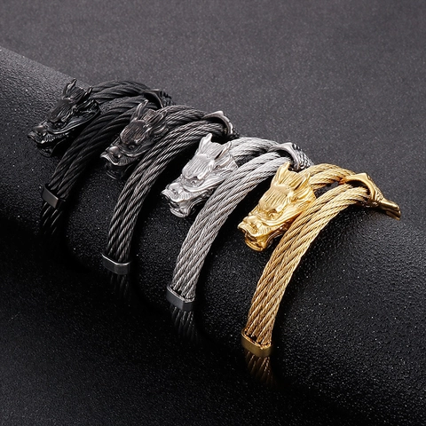 Bracciale Rigido A Cavo Con Testa Di Drago Acciaio Inossidabile 316L Punk Doppio Filo Per Uomo Gioielli Gotici Vichinghi