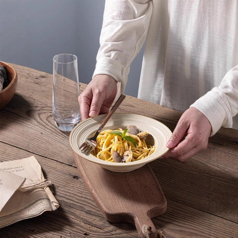 Japanese Retro Style Handmade Stoneware Ceramic Tableware Spiral Texture Straw Hat Shape Pasta Salad Bowl And Plate For Home Restaurant Kitchen