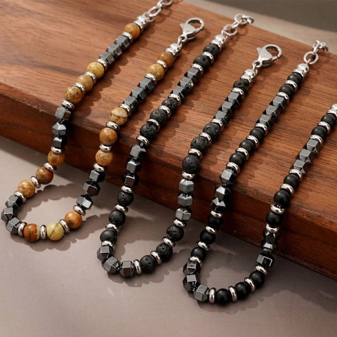 Men Beaded Bracelet Natural Picture Jasper Lava Rock Black Agate Hematite Stainless Steel Adjustable Geometric Jewelry