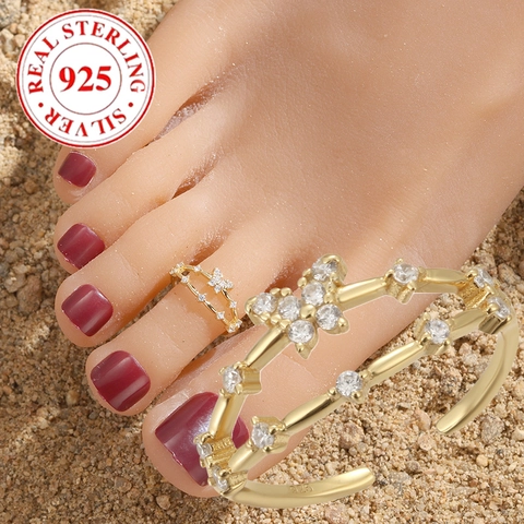 S925 Sterling Silver Butterfly Double Layer Open Toe Ring For Women Gold Plated Rhinestone Foot Jewelry Adjustable Ring