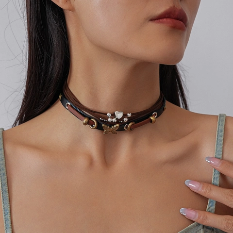 Collier Ras Du Cou Multi Couches En Cuir Velours Avec Pendentif Papillon Coeur Alliage Bijoux Punk Bohème Pour Femmes