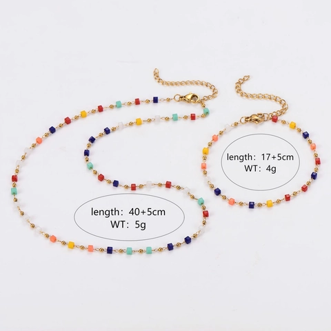Fashion 18K Gold Plated 304 Stainless Steel Necklace And Bracelet Jewelry With Colorful Square Beads For Women Sweet