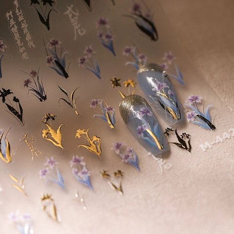 5D Embossed Nail Art Stickers Self Adhesive Purple Iris Flower Golden Line Retro Manicure Decoration Decals