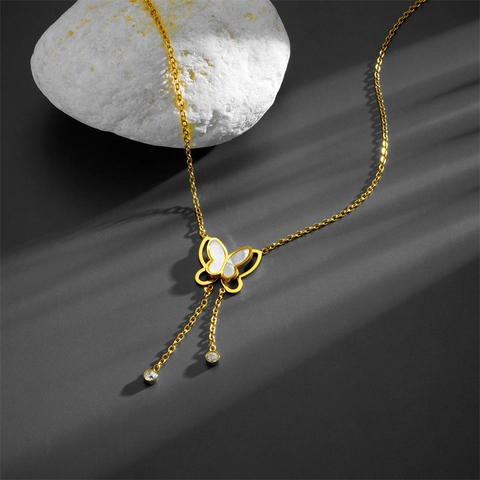 Butterfly Pendant Necklace Gold Plated Titanium Steel Mother Of Artificial Pearl Inlay Double Tassel Zircon Clavicle Chain Women