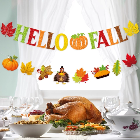 Banner Hello Fall Cartoncino Glitterato Decorazioni Festa Ringraziamento DIY Autunno Raccolto Zucca Foglia Acero Tacchino
