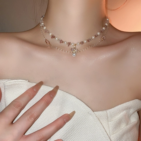 Collar De Doble Capa Con Imitación De Perla Artificial Cristal Y Colgante De Flor De Zirconia Estilo Vintage Francés Mujeres