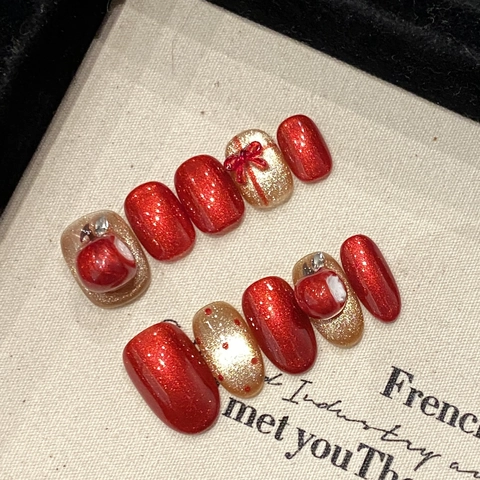Unghie Finte Di Natale Fatte A Mano Rosso Oro Glitter Fiocco 3D Stella Per Manicure Di Festa Festiva