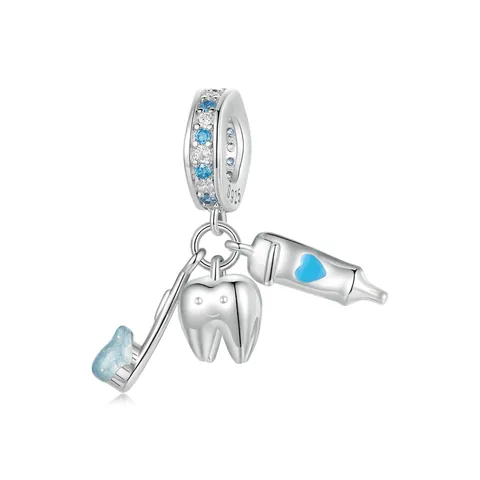 Pendentif Charme en Argent Sterling 925 Brosse à Dents Dentifrice Zirconia Incrusté Coeur Bleu Émail DIY Accessoire Bijoux