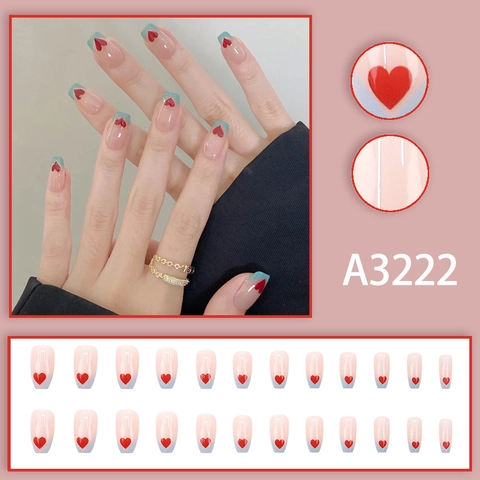 French Tip Press On Nails Nude Pink Lake Blue Red Heart Minimalist Sweet Artificial Finger Decoration For Women