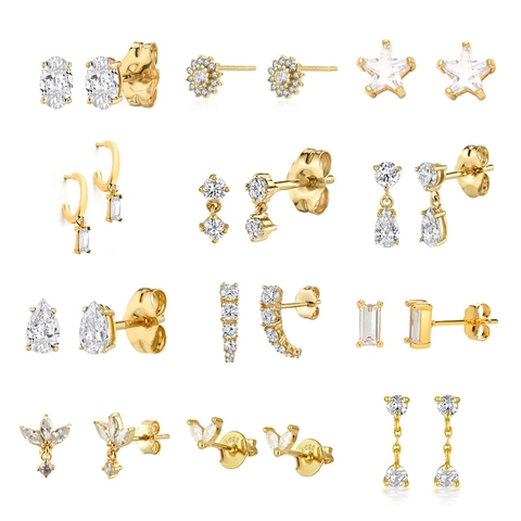 Cubic Zirconia Stud Earrings With 925 Sterling Silver Earring Post Geometric Flower Star Elegant Jewelry For Women