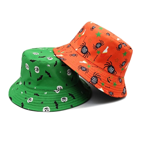 Halloween Bucket Hat Polyester Sun Protection Pumpkin Bat Ghost Print Festival Party Retro Outdoor Headwear
