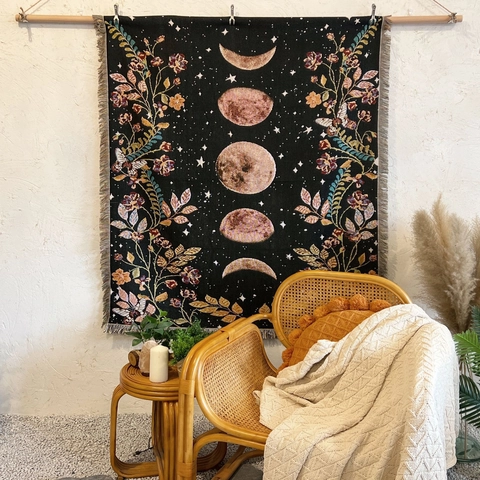 Bohemian Woven Cotton Throw Blanket Moon Phase Floral Pattern Tassels For Sofa Bed Camping Picnic Wall Hanging Vintage