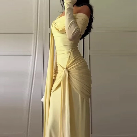 Asymmetrisches One Shoulder Maxi Kleid Raffung Polyester Eng Anliegend Strick Langarm Elegant Sexy Knoten Gelb Damen