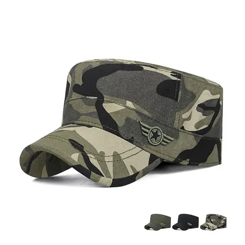 Herren Flat Top Cadet Cap Camouflage Baumwolle Canvas Taktisch Militär Sonnenschutz Outdoor Verstellbar Stickerei Hut