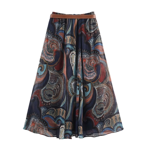 Damen Midi Rock Mit Paisley Muster Und Gürtel Hohe Taille A-Linie Polyester Metallic Garn Vintage Streetwear