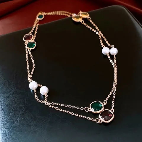 Vintage Gold Doppelreihige Lange Pulloverkette Mit Bunten Quadratischen Glassteinen Und Glasperlen Für Damen Modeschmuck