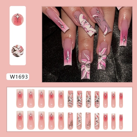 Celestial Sun Moon Star Coffin Press On Nails Pink Gradient Glitter Glossy Long Fake Nails Art For Women
