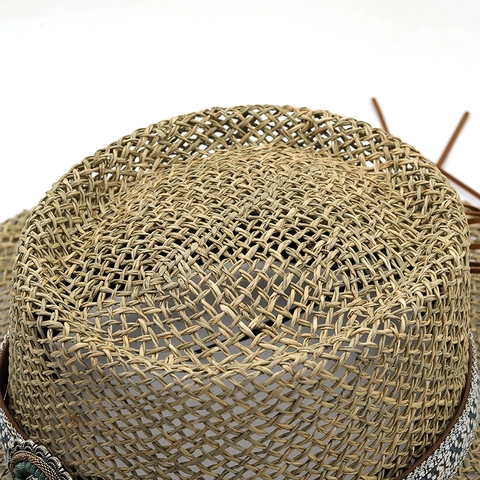 Cappello Paglia Naturale Protezione Solare Viaggio Spiaggia Bohemien Fibbia Turchese Tesa Larga