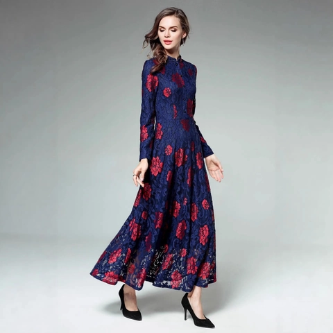 Abito Lungo Retro In Pizzo Da Donna Collo Alto Maniche Lunghe Stampa Floreale Linea A Festa Blu Marino Rosso Elegante