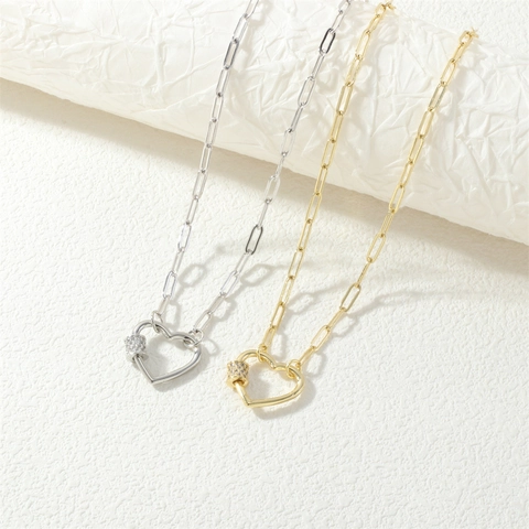 Hip Hop Style Micro Pave Zirconia Heart Pendant Necklace Copper Gold Plated Paperclip Chain Jewelry For Women Party
