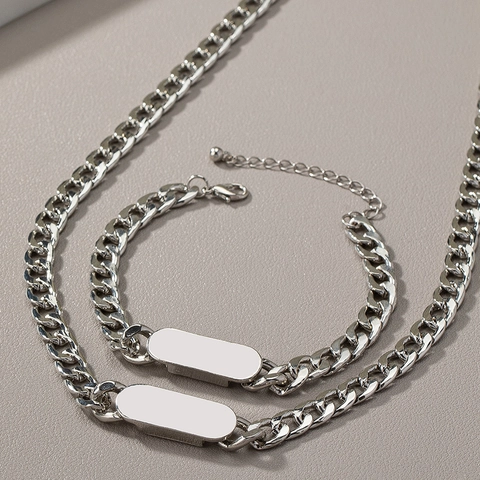 Cuban Chain Halskette Und Armband Herren Legierung Silberfarben Blanko Rechteckige Plakette ID Tag Hip Hop Punk Stil