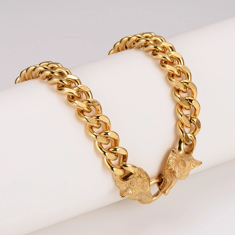 Herren 304 Edelstahl Halskette Doppelter Wolfskopf O-Ring Verschluss Schwere Gliederkette Punk Wikinger Hip Hop Schmuck