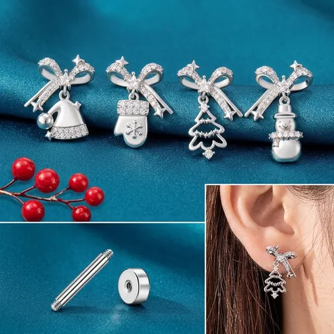 Christmas Cartilage Stud Earrings With Titanium Steel Earring Post Zircon Bowknot Snowman Tree Bell Jewelry For Women
