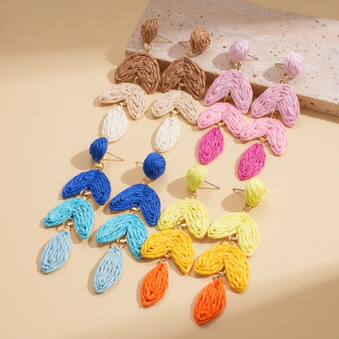 Böhmische Raffia Drop Dangle Ohrringe Mit Silber-Ohrstecker Handgefertigte Blatt Sommer Strand Urlaub Schmuck Für Damen