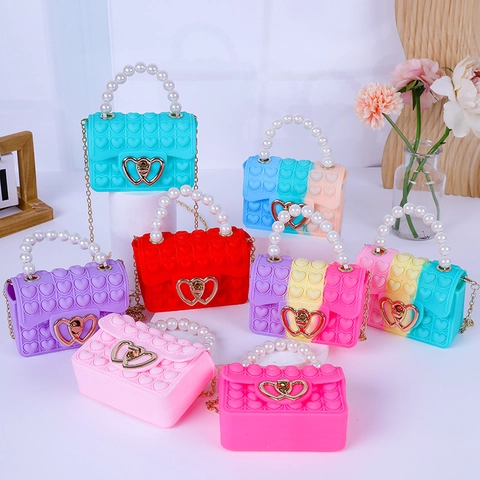 Kids Girls Heart Pop Fidget Crossbody Bag Silicone Shoulder Handbag With Imitation Artificial Pearl Handle And Alloy Chain Strap Cute