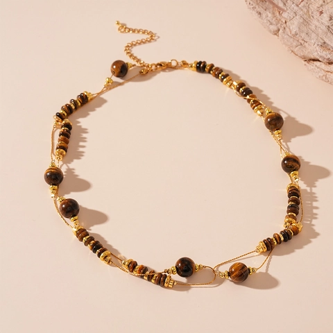 Collana A Doppio Strato Con Pietra Occhio Di Tigre Artificiale E Imitazione Perla Artificial Rame Geometrico Vintage Donna