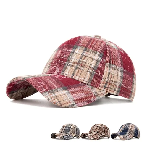 Plaid Baseball Cap Retro Polyester Sun Hat With Adjustable Stainless Steel Buckle Graffiti Print For Men Women