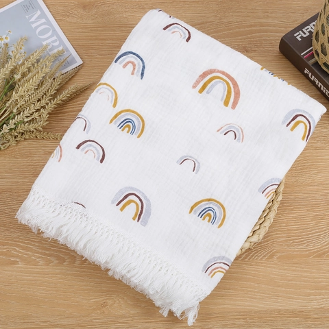 Baby Blanket Muslin Cotton Double Layer Swaddle With Tassel Fringe Breathable Soft For Nursery Infant Toddler