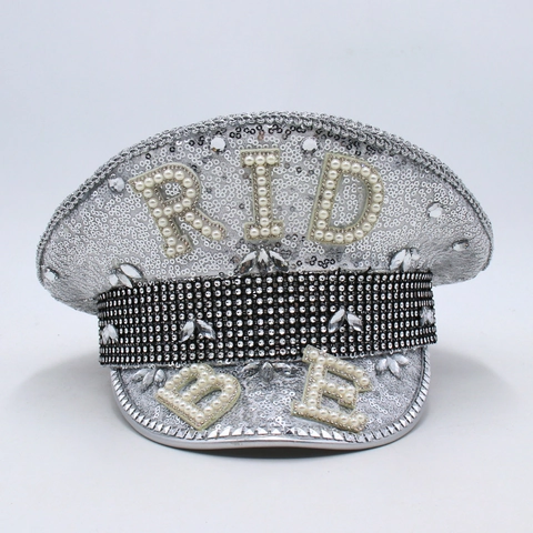 Silver Sequin Captain Hat Rhinestones Faux Artificial Pearl Bride Military Style Party Rave Festival Accessory For Women