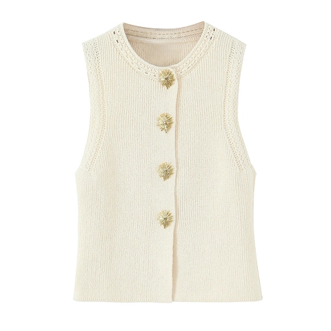 Gilet En Tricot Pour Femmes Haut Cardigan Sans Manches Col Rond Boutons Dorés Vintage Couleur Unie Pull Élégant