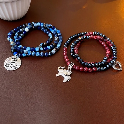 Bracelet Collier Perles Multi Rang Avec Perles Hématite Verre Éléphant Cœur Et Pendentif Gravé And She Persisted Bijoux Vintage Bohême Pour Femmes