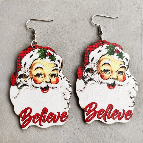 Kerst Hangende Oorbellen Hout Kerstman Zonnebloem Luipaard Plaid Retro Western Stijl Vakantie Sieraden Vrouwen