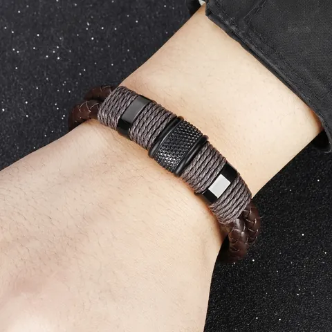 Men's Vintage Layered Woven Leather Bracelet With Stainless Steel Magnetic Clasp Braided Retro Jewelry Handcrafted