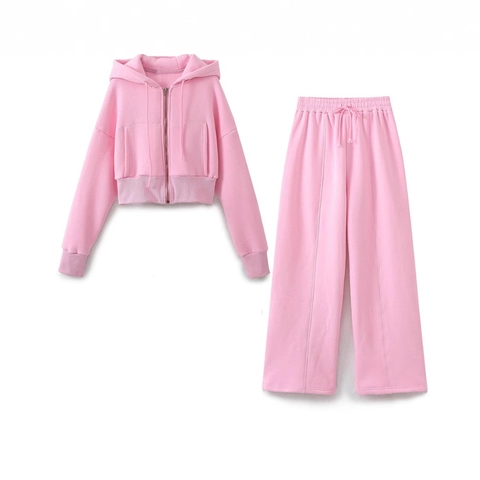 Veste À Capuche Zippée Courte Et Pantalon Large Taille Haute Pour Femmes Tenue Décontractée En Tricot Coton Polyester